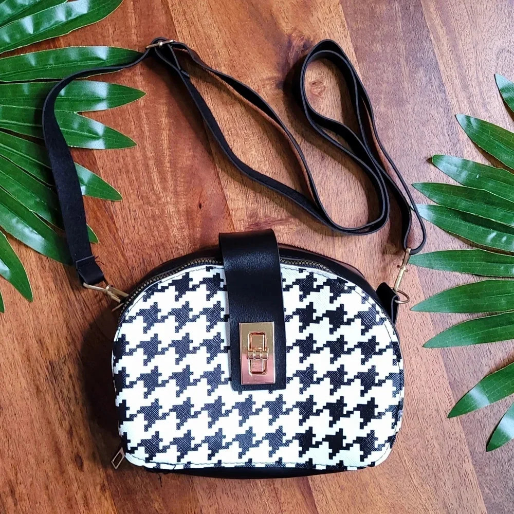 Black White‎ Geometric Printed Double Zipper Clasp Y2K Crossbody Fashion Purse